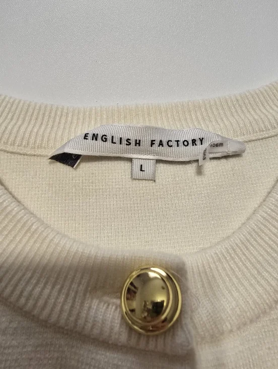 English Factory Stitch Detail Puff Sleeve Cardigan Crew Neck Long Sleeve Size L - Picture 6 of 13